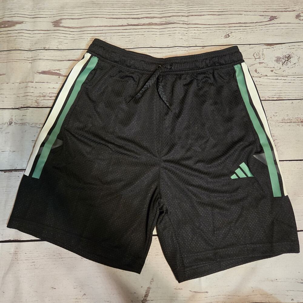 Adidas Tiro Shorts Med midrise 8" inseam Black with white/Green stripes NWT